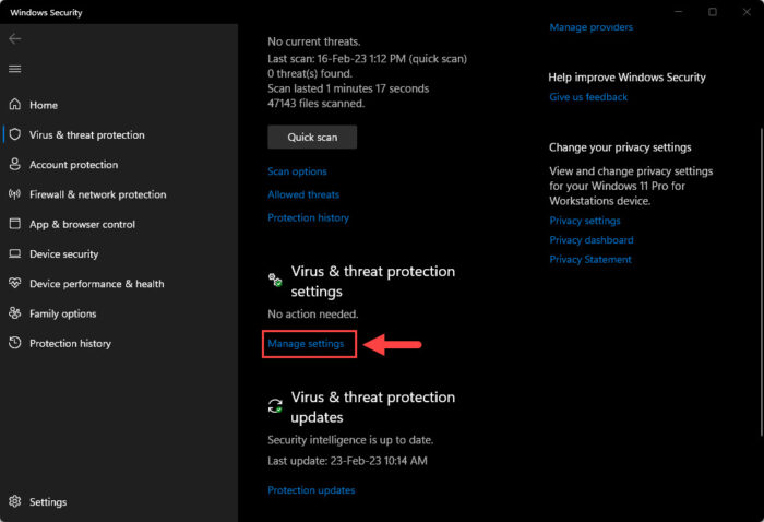 Manage virus and threat protection settings