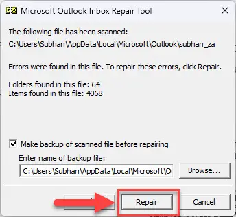Begin repairing Outlook PSTOST file