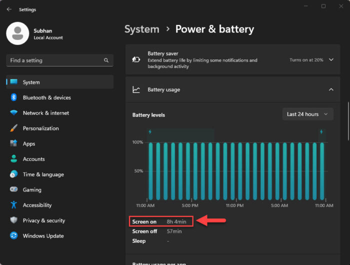 Check Screen On time from Windows 11 Settings app