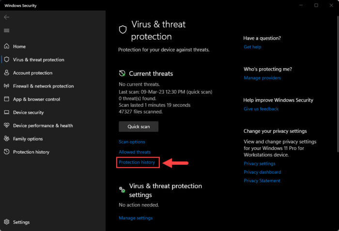 how to open protection history in windows 10