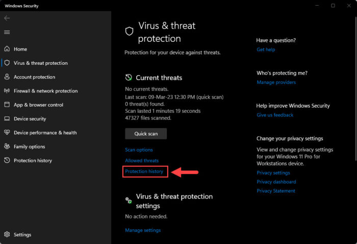 Open Protection history in Windows Security