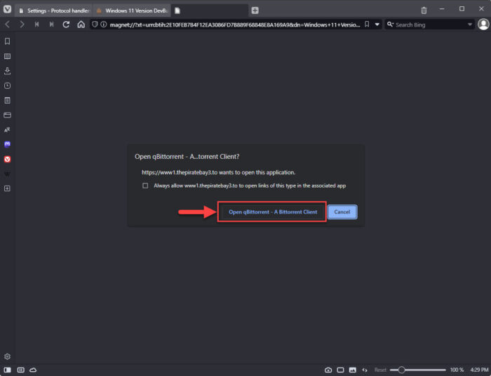 Open magnet link in torrent client from Vivaldi