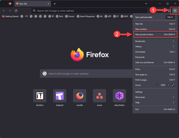 Open private window in Mozilla Firefox