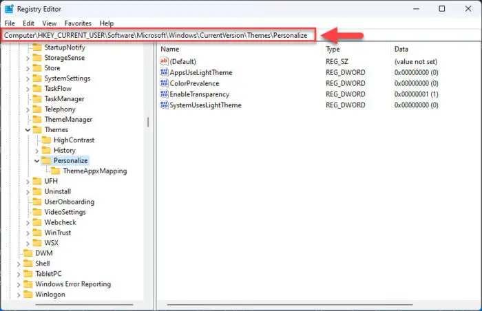 Quick navigation to Personalize key in Windows Registry