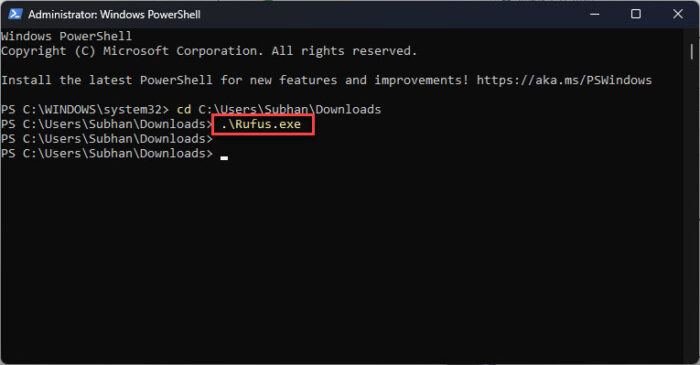 Run the executable file from PowerShell directly