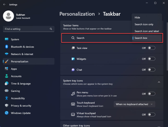 Select how the new search bar appears in taskbar