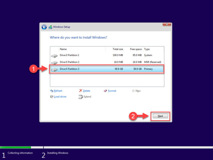 Select the primary partition to install Windows