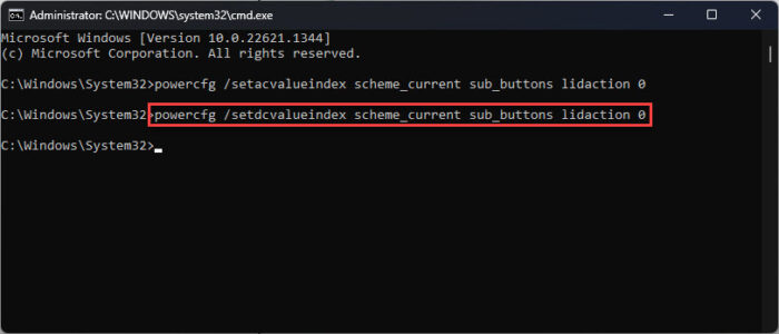 Set lid action to do nothing when lid is closed on battery using the Command Prompt