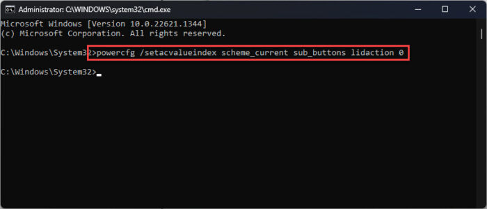 Set lid action to do nothing when lid is closed on AC power using the Command Prompt