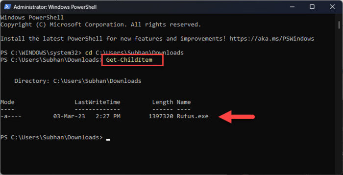 get list of elements inside directory in PowerShell using Get ChildItem