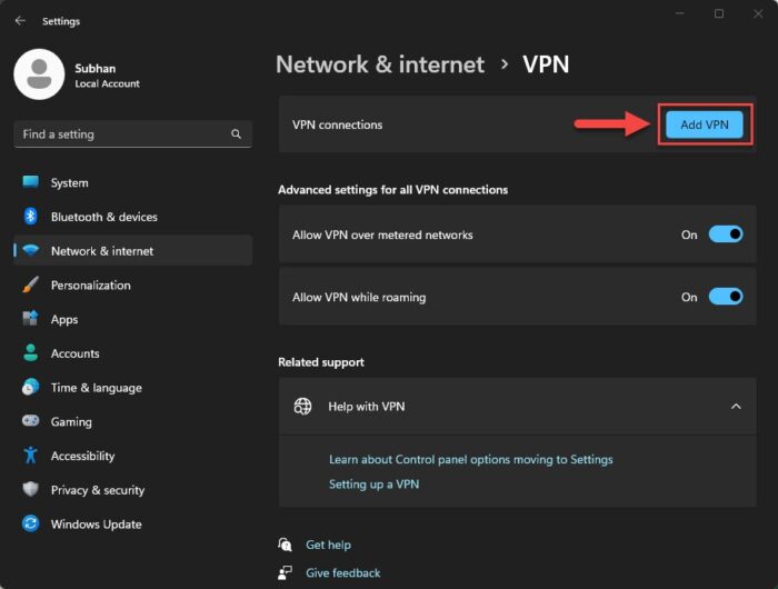 Add a new VPN profile