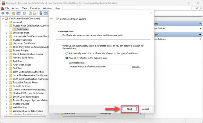 Define storage location for certificate and proceed