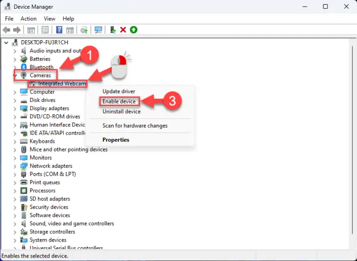 Enable webcam from device manager