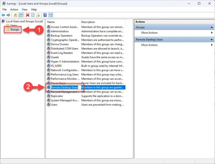 Open Remote Desktop Users group settings