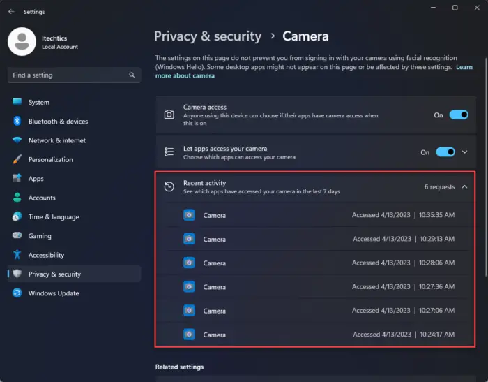 View camera access history