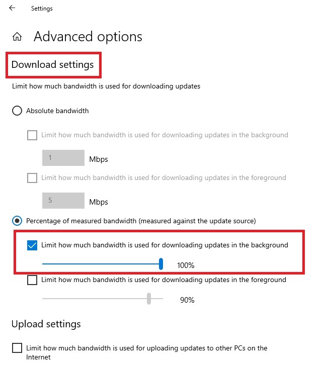 Set Windows update downloading bandwidth limit to 100 percent