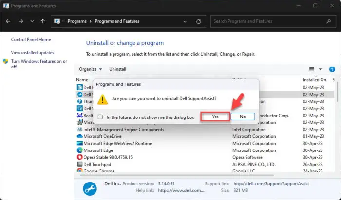 Confirm removal of Dell SupportAssist