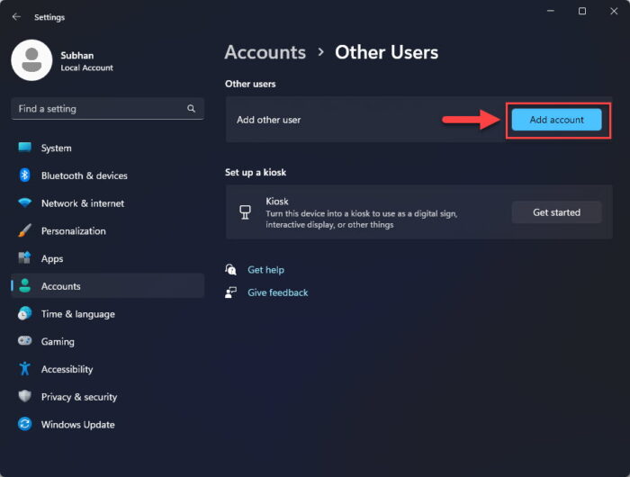 Create a new user account from Settings app