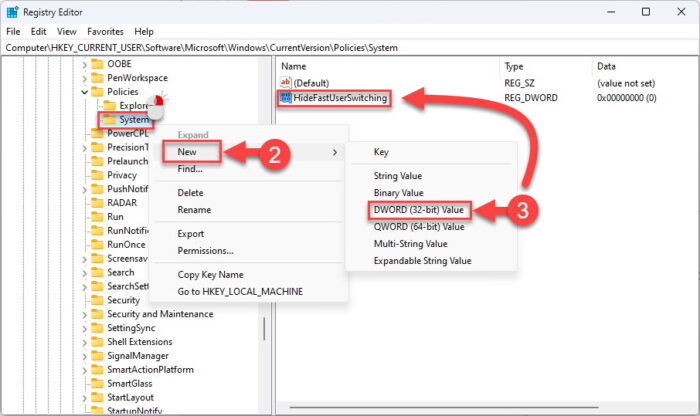 Create the HideFastUserSwitching DWORD