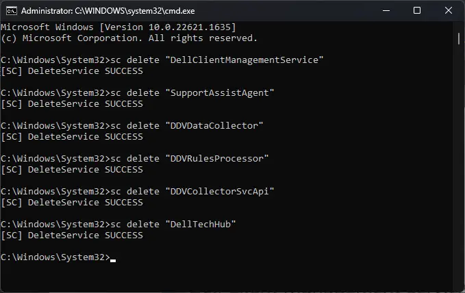 Delete Dell SupportAssist services using Command Prompt