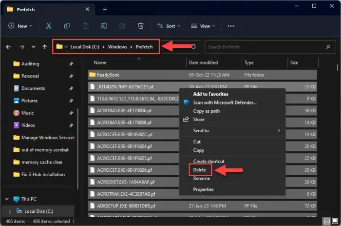 Delete items in the Prefetch directory