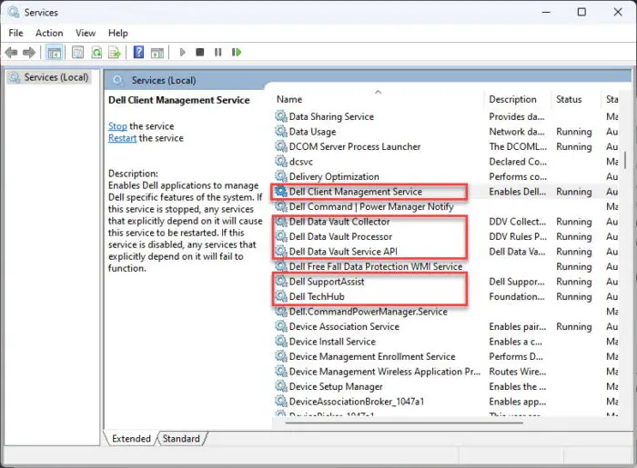 Dell services in the Services Console 1