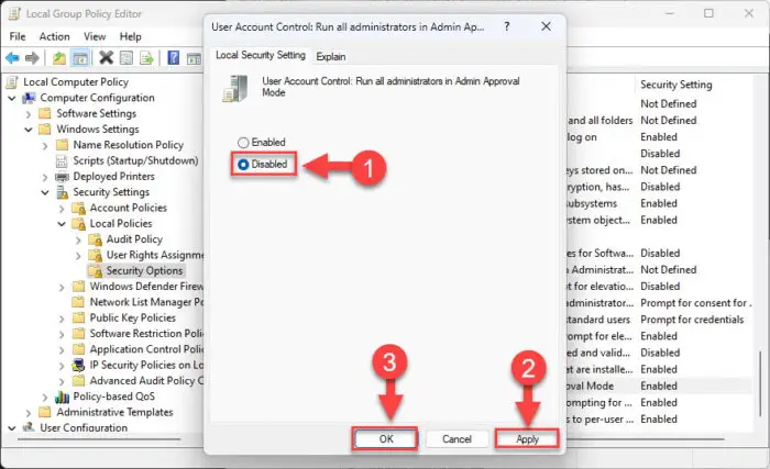 Disable UAC from Group Policy Editor