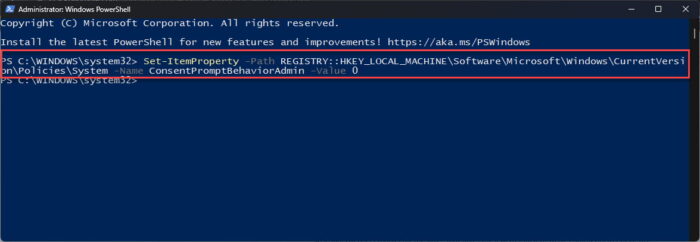Disable UAC from PowerShell
