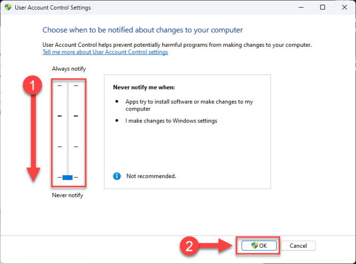 Disable UAC from the Control Panel