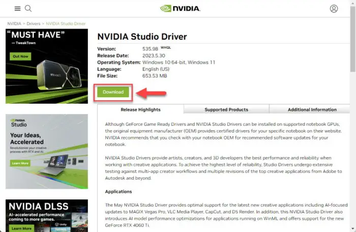 Download Nvidia Studio Driver version 535 98
