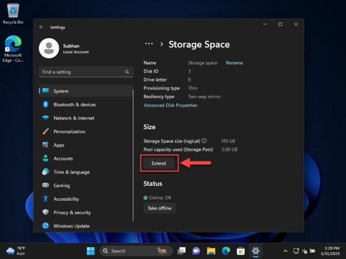 Extend Storage Space volume from Settings