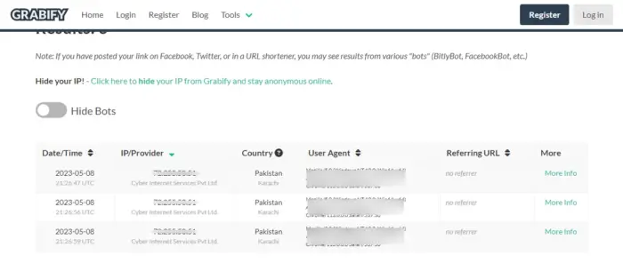 Grabify will show the IP address and other information