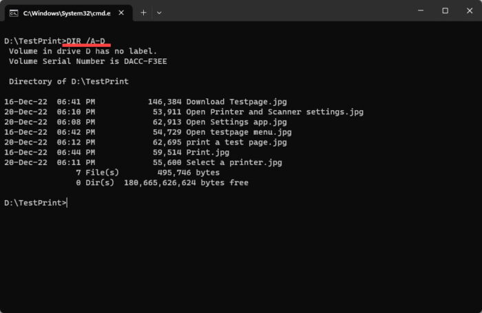 List all files and exclude folders in current directory in Command Prompt