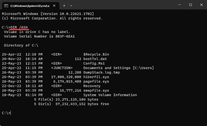 List all hidden system files in current directory in Command Prompt