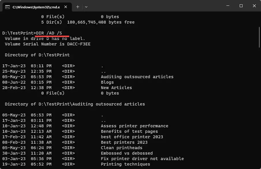 command prompt list files in subdirectories
