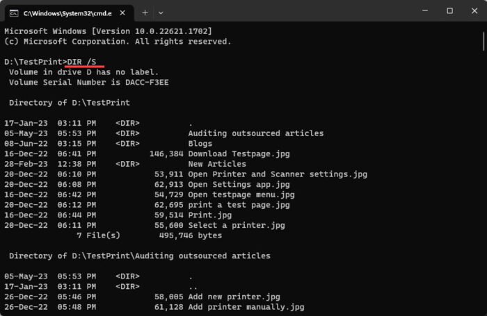 List recursive files and folders in Command Prompt