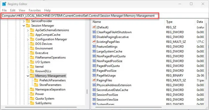 Navigate to the Memory Management key