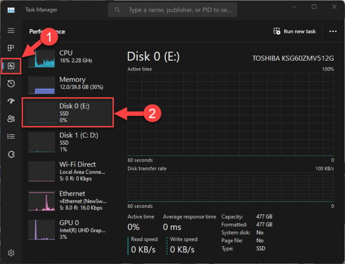 Open disk performance from Task Manager