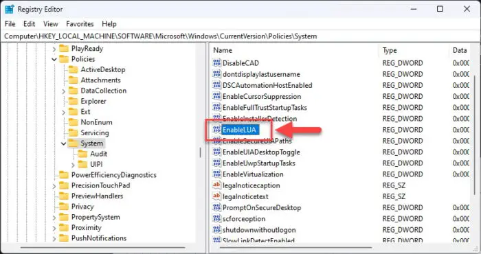 Open the EnableLUA DWORD in Windows Registry
