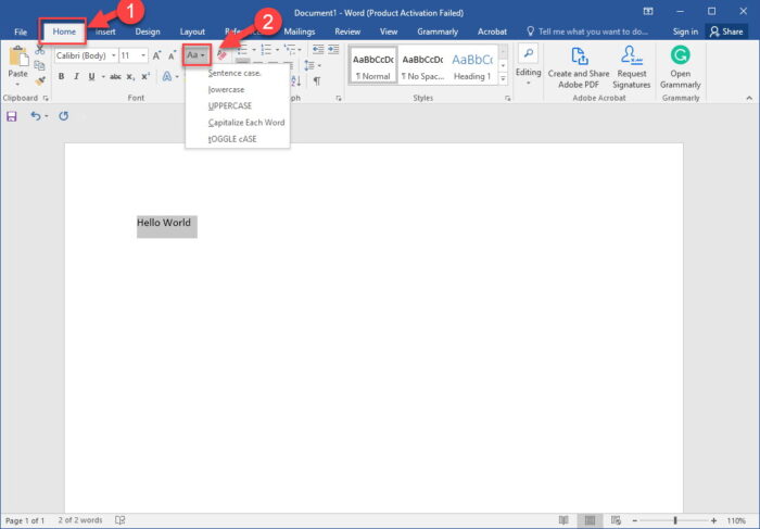 Select case structure from Home menu in Microsoft Word
