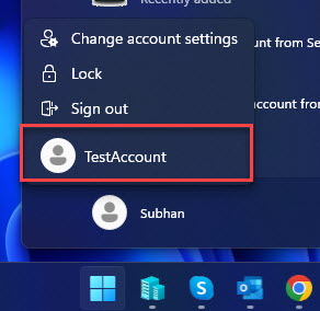Switch to new user account from Start menu