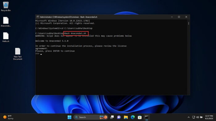 Run the shell script file using Windows Subsystem for Linux