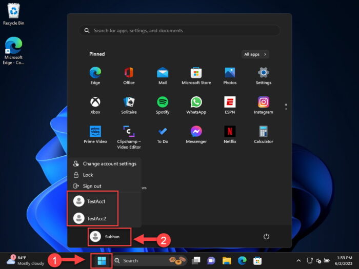 View active user accounts from Start menu