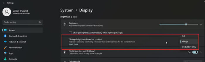 Content Adaptive Brightness Control Settings