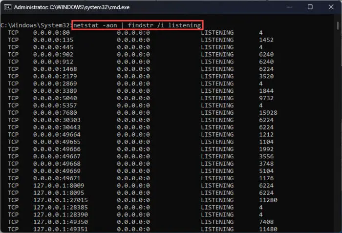 List all listening ports in Command Prompt using Netstat