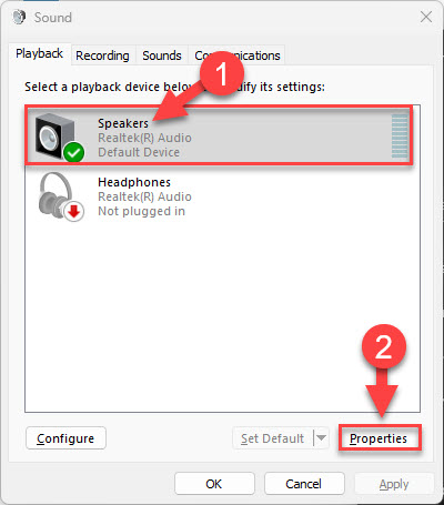 Open sound output devices properties
