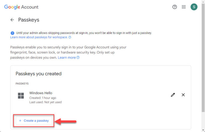 Create a passkey on your Google account