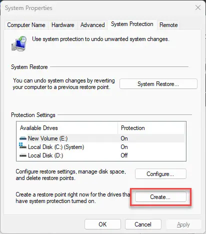 Create a restore point to enable Previous Versions