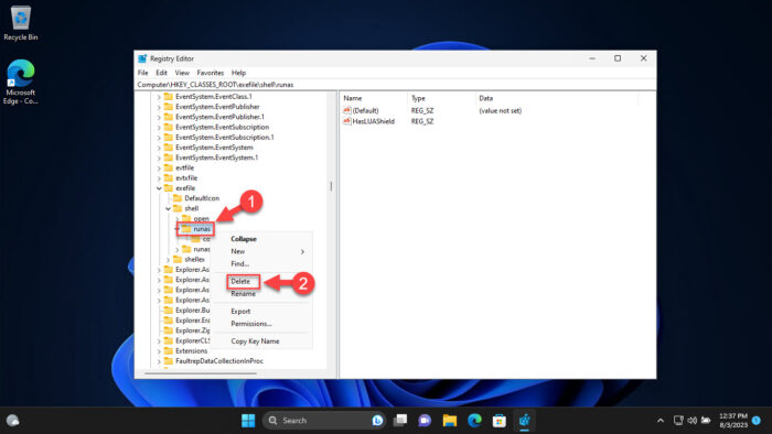 Delete the Runas key inside exefile