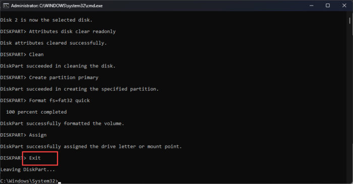 Exit the Diskpart mode 1